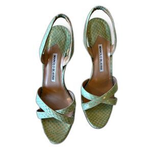 Manolo Blahnik Callasli Slingback Turquoise Gold Snakeskin Heels Sandals EU 37